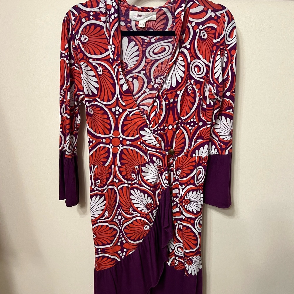 Anthropologie Red and Purple Sheath Dress V-neck 3/4 Sleeve